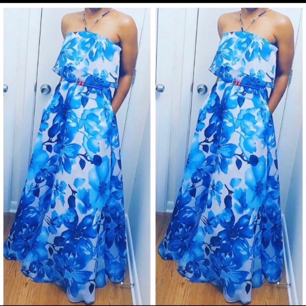 Blue floral long gown PROM Organza DRESS NEW! sz 6